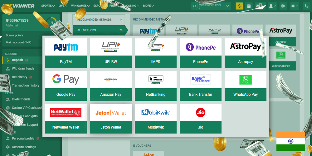Betwinner India has different payment options for account replenishment and withdrawal of winnings